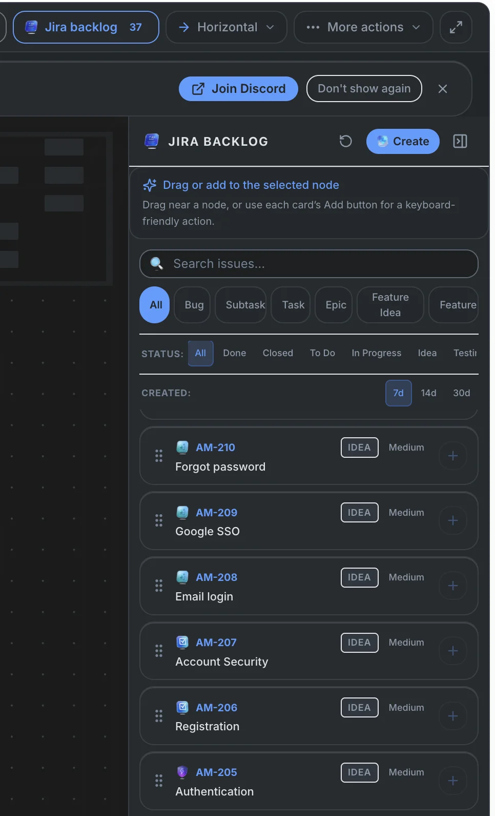 Panel backlogu Jira na plátně pro filtrování a synchronizaci
